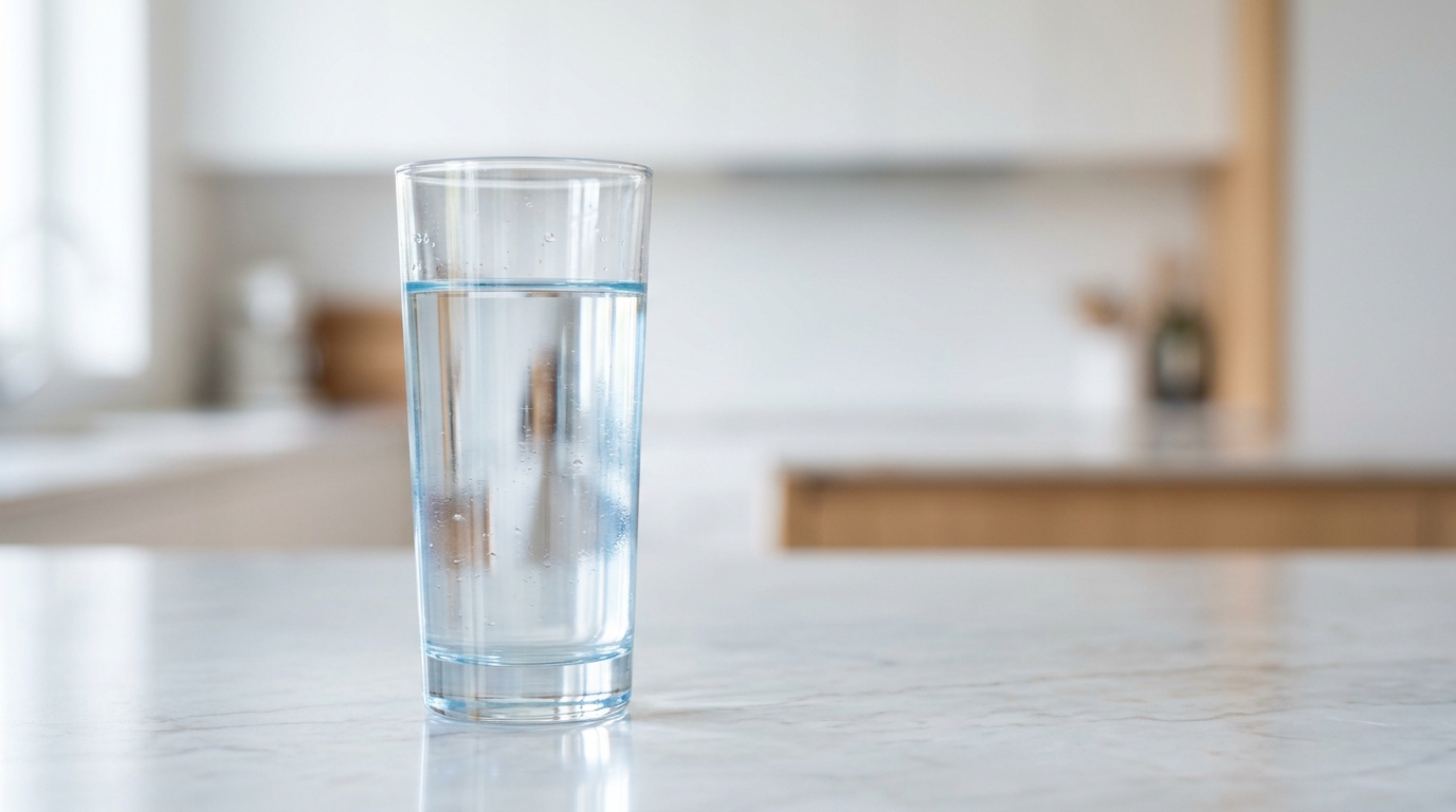 Vaso de agua mineral pura sobre una encimera de mármol en una cocina iluminada