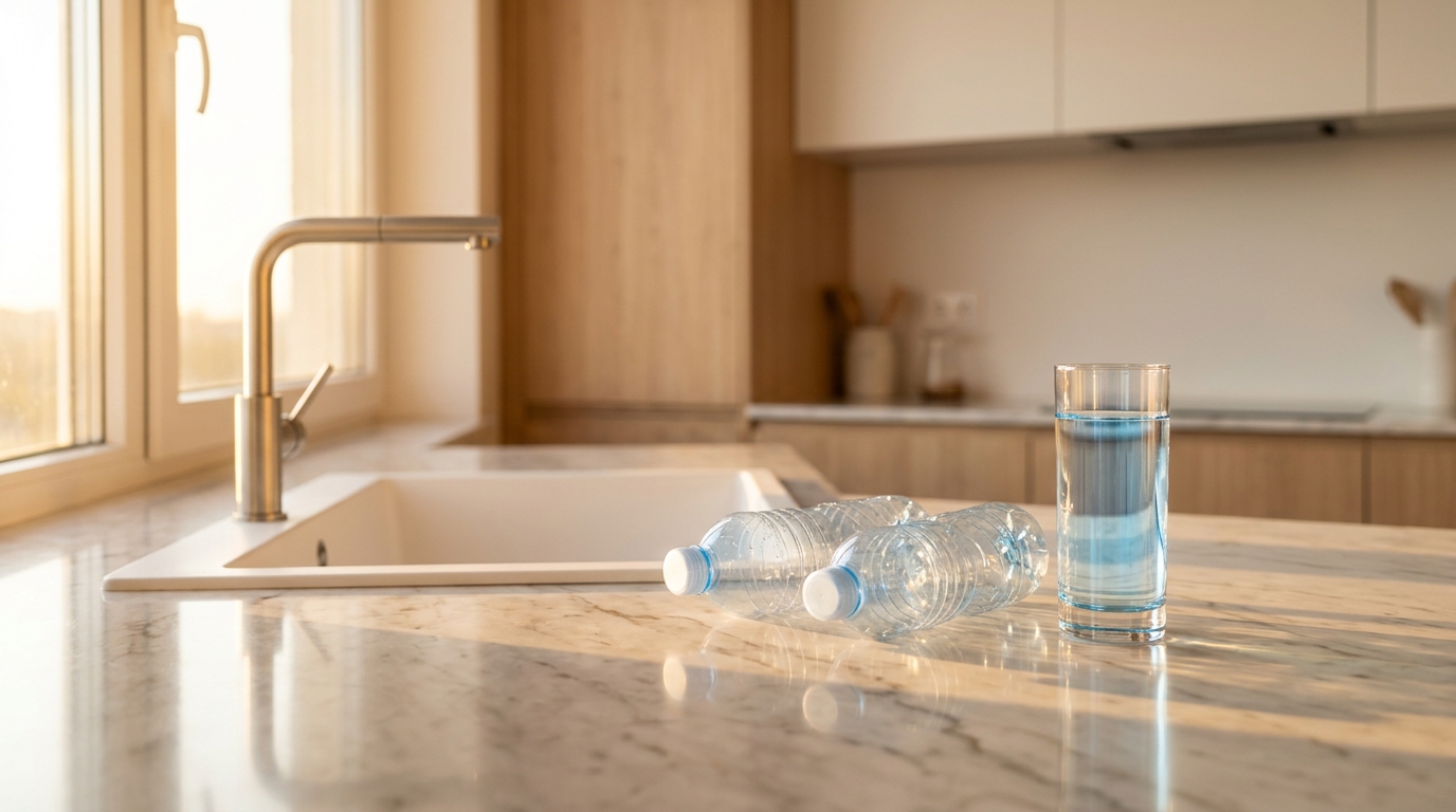 Cocina iluminada por la luz del atardecer con tres botellas de plástico vacías junto a un vaso de agua pura